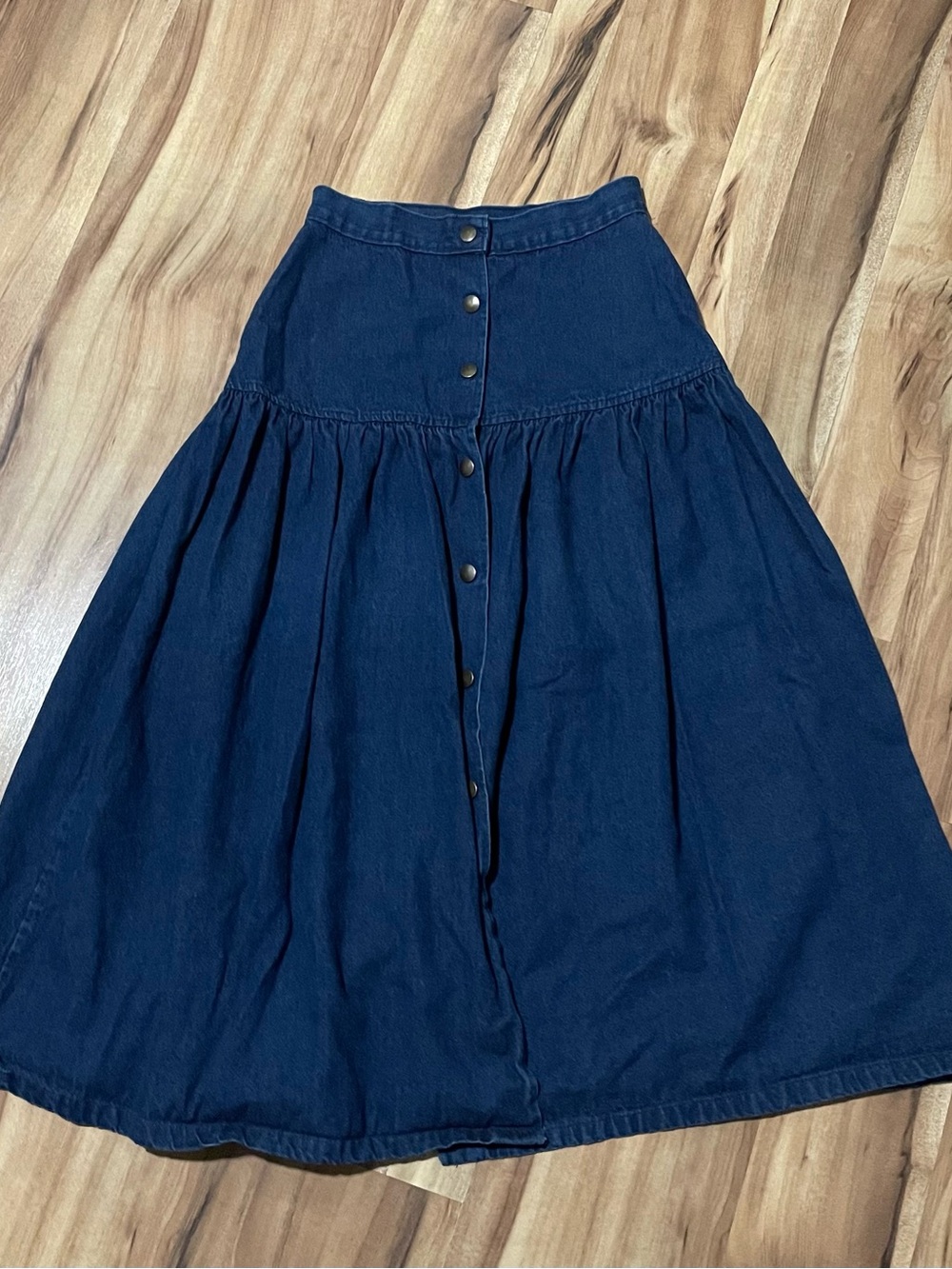Vtg 80s 90s Touche Jean Midi Skirt Basque Waist Flared Button Snap Cottagecore